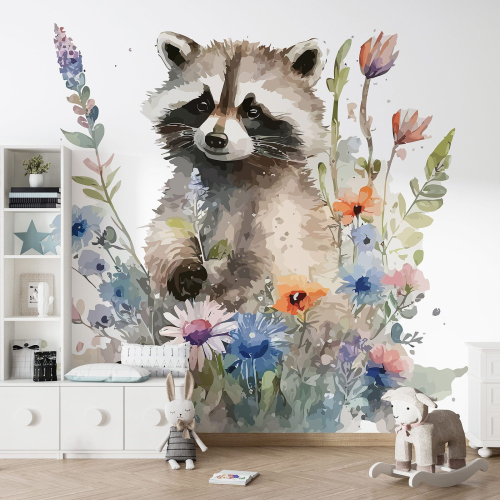 Papier peint panoramique Enfants - Raton Laveur fleurs