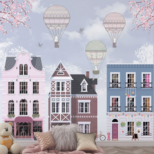 Papier peint panoramique Enfants - Ville Montgolfières