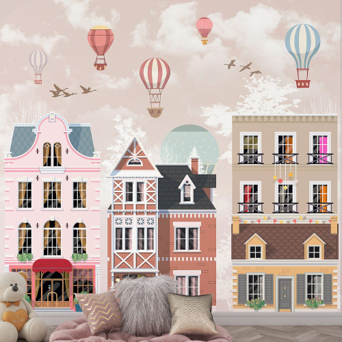 Papier peint panoramique Enfants - Ville Montgolfières