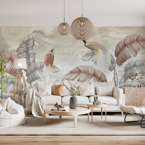 Papier peint panoramique - Feuilles Tropicales Oiseaux