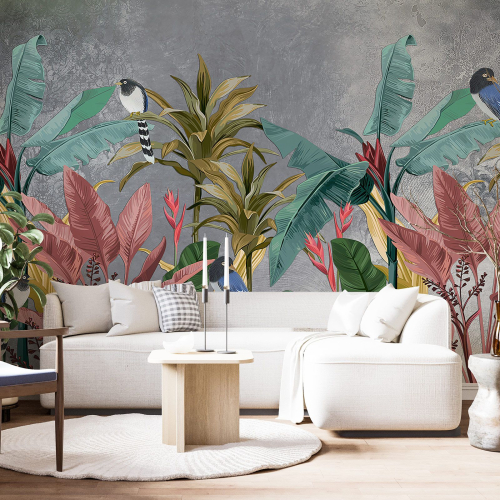 Papier peint panoramique - Feuilles Tropicales Oiseaux