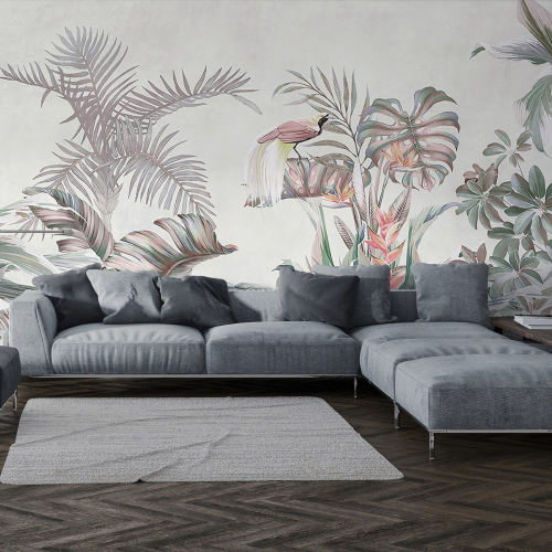 Papier peint panoramique - Feuilles tropicales Oiseaux