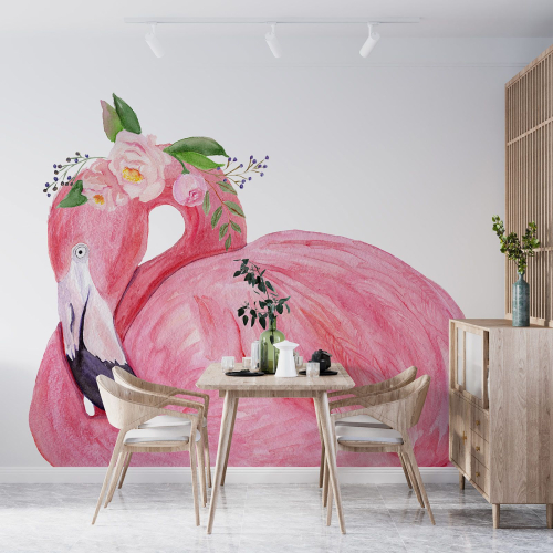 Papier peint panoramique - Flamant rose Fleurs