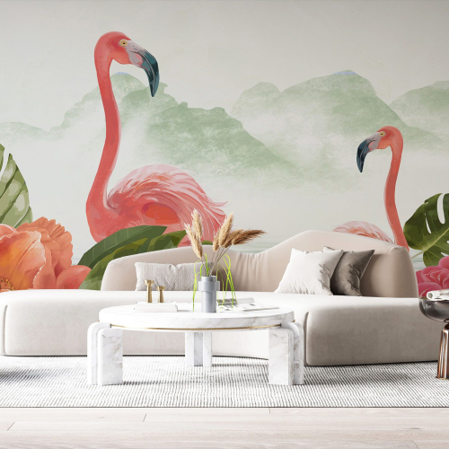 Papier peint panoramique - Flamants roses Fleurs