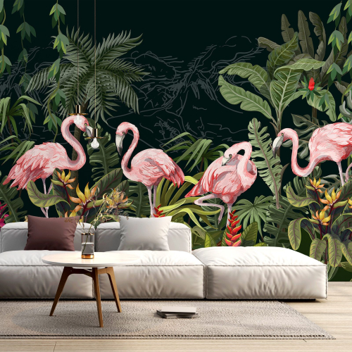 Papier peint panoramique - Flamants roses Fleurs