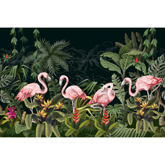 Papier peint panoramique - Flamants roses Fleurs