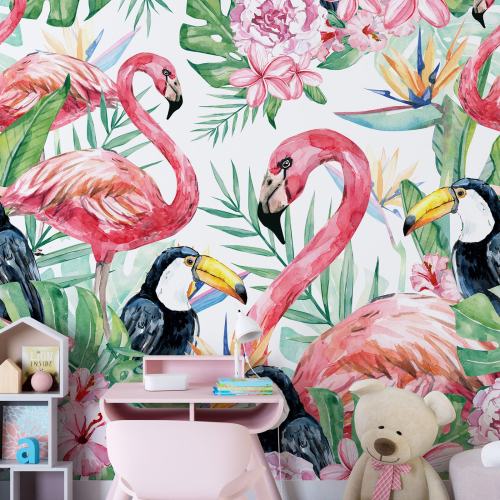 Papier peint panoramique - Flamants roses toucans