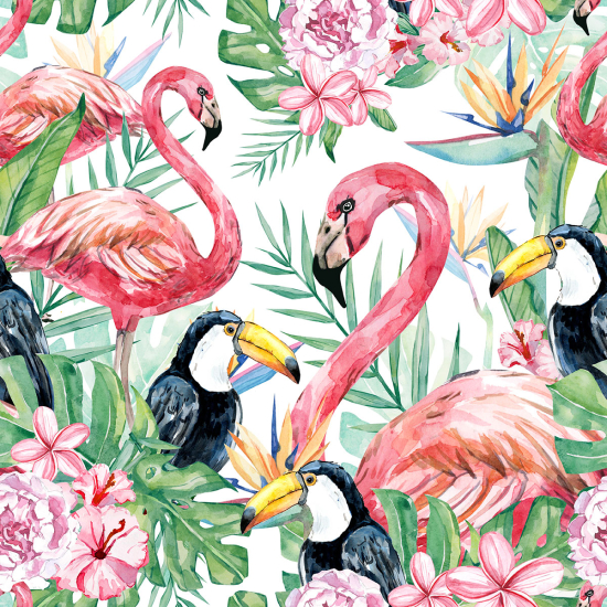 Papier peint panoramique - Flamants roses toucans