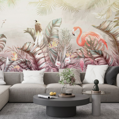 Papier peint panoramique - Flamants Roses Tropical
