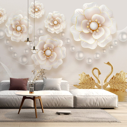 Papier peint panoramique - Fleurs Cygnes 3D