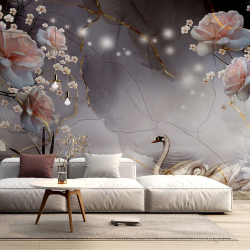 Papier peint panoramique - Fleurs Cygnes 3D