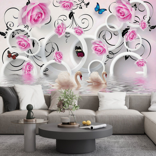 Papier peint panoramique - Fleurs Cygnes 3D