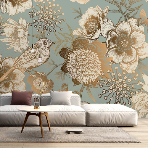 Papier peint panoramique - Fleurs Oiseau