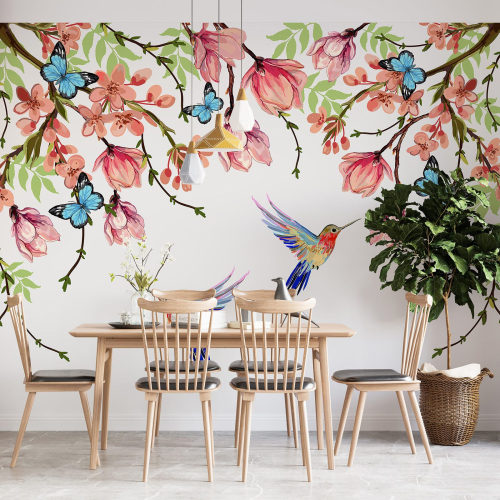 Papier peint panoramique - Fleurs oiseaux