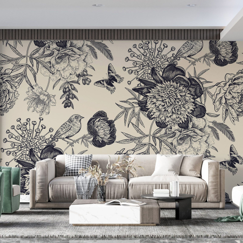 Papier peint panoramique - Fleurs Oiseaux