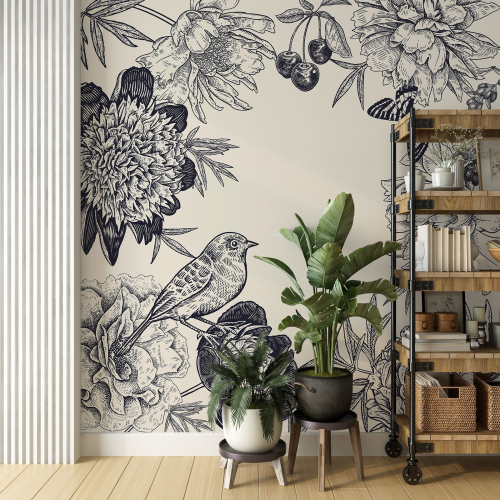 Papier peint panoramique - Fleurs Oiseaux