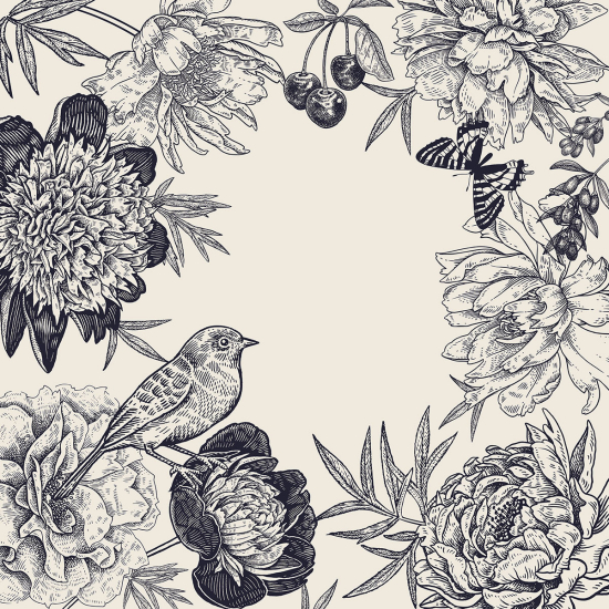 Papier peint panoramique - Fleurs Oiseaux