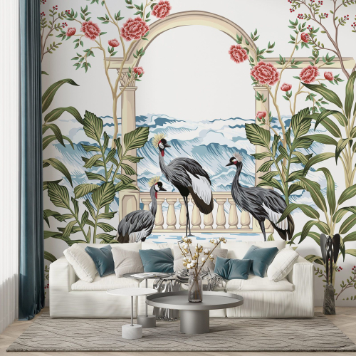 Papier peint panoramique - Fleurs Oiseaux