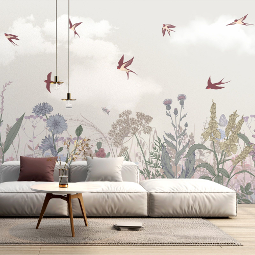 Papier peint panoramique - Fleurs Oiseaux