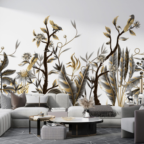 Papier peint panoramique - Fleurs Oiseaux