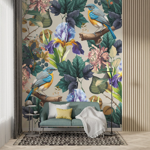 Papier peint panoramique - Fleurs Oiseaux