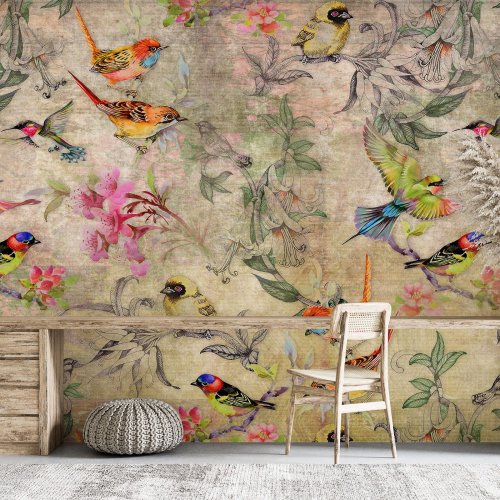 Papier peint panoramique - Fleurs Oiseaux
