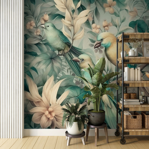Papier peint panoramique - Fleurs Oiseaux