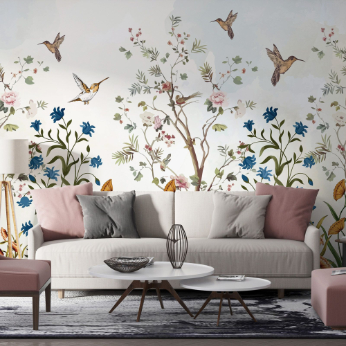 Papier peint panoramique - Fleurs Oiseaux