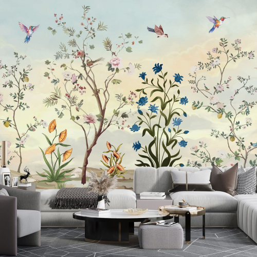 Papier peint panoramique - Fleurs Oiseaux