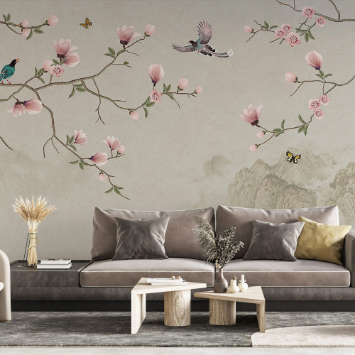 Papier peint panoramique - Fleurs Oiseaux