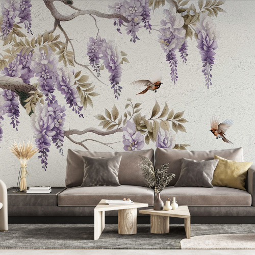 Papier peint panoramique - Fleurs Oiseaux