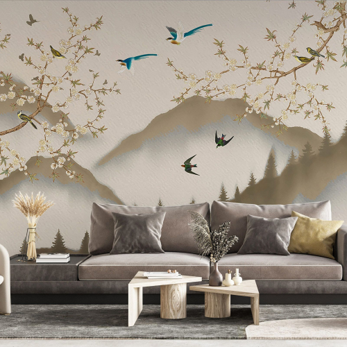 Papier peint panoramique - Fleurs Oiseaux
