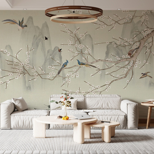 Papier peint panoramique - Fleurs Oiseaux