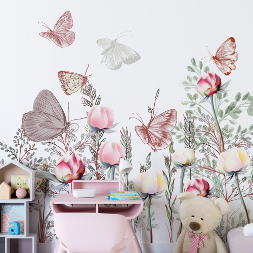 Papier peint panoramique - Fleurs Papillons