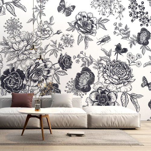 Papier peint panoramique - Fleurs Papillons