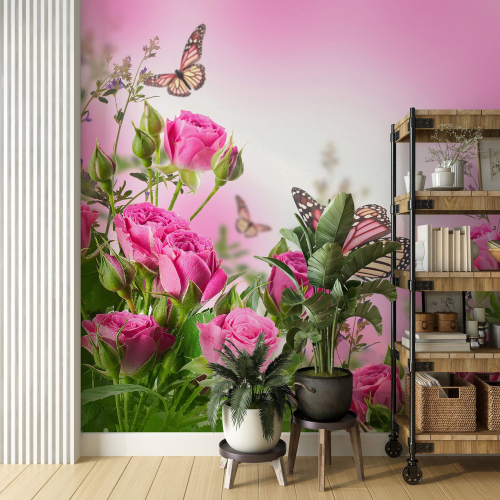 Papier peint panoramique - Fleurs Papillons