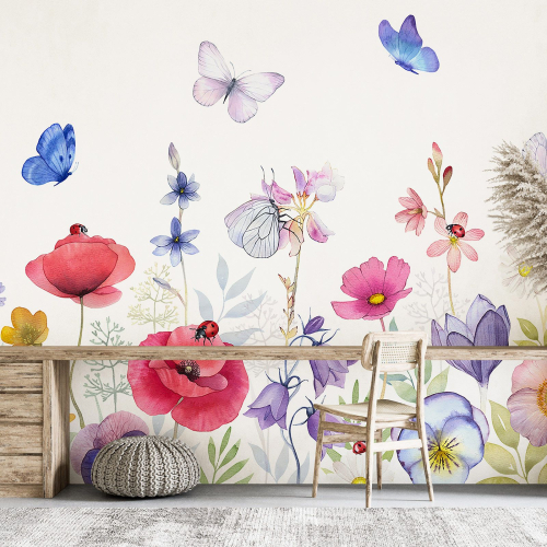 Papier peint panoramique - Fleurs Papillons