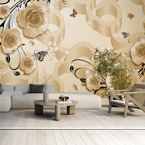 Papier peint panoramique - Fleurs Papillons 3D