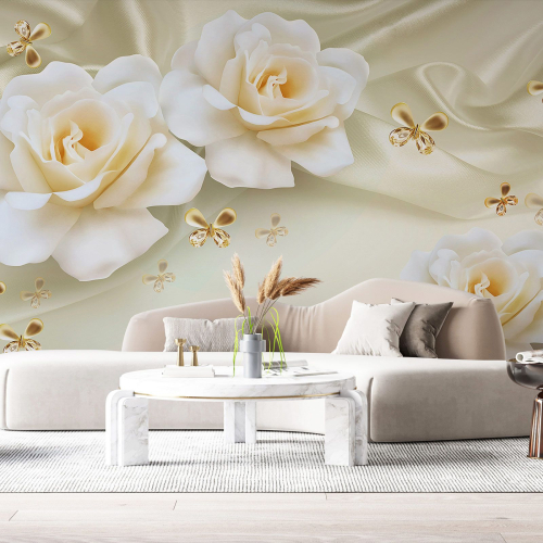 Papier peint panoramique - Fleurs Papillons 3D