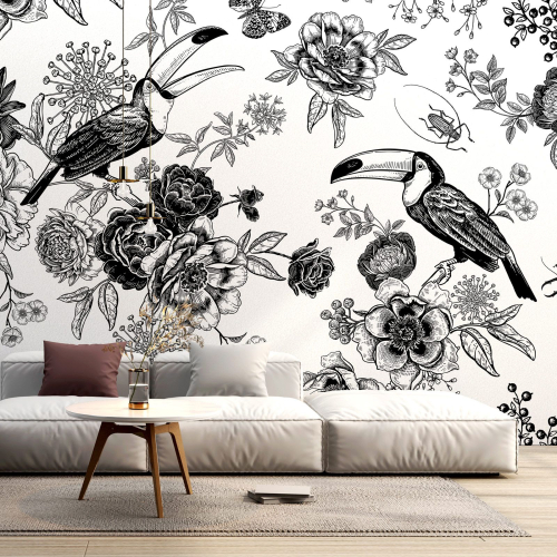 Papier peint panoramique - Fleurs Toucans