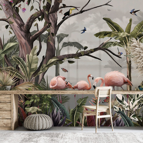 Papier peint panoramique - Forêt Tropicale Flamants Roses