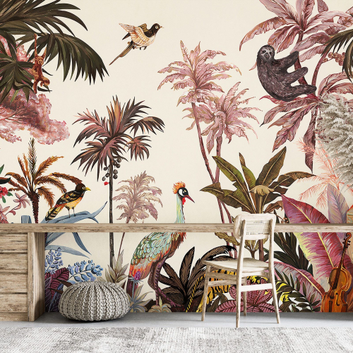 Papier peint panoramique - Forêt Tropicale Fleurs Oiseaux