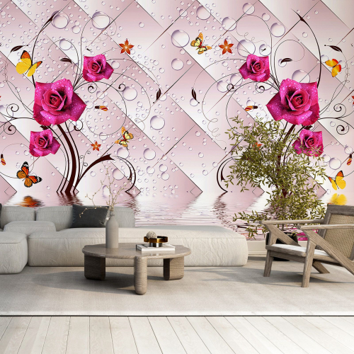 Papier peint panoramique - Roses Papillons 3D