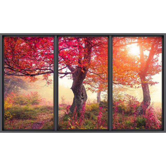 Papier peint panoramique Trompe l'œil baie vitrée - Arbres feuilles rouges
