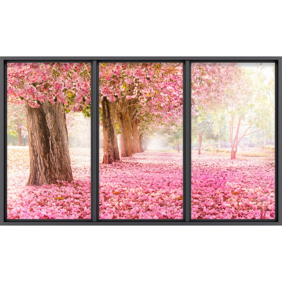 Papier peint panoramique Trompe l'œil baie vitrée - Arbres fleurs roses - 287