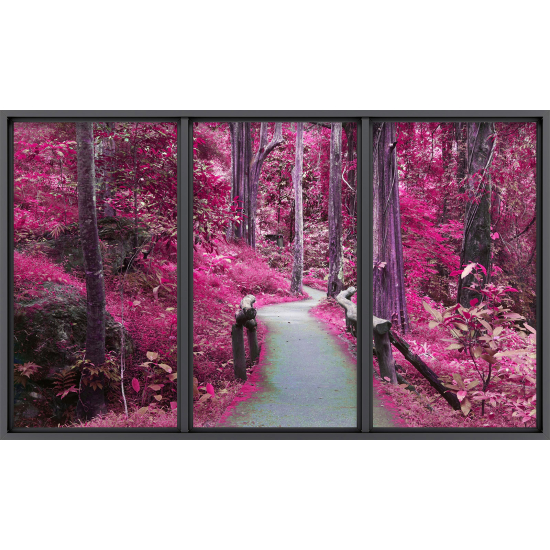 Papier peint panoramique Trompe l'œil baie vitrée - Chemin forêt