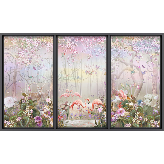 Papier peint panoramique Trompe l'œil baie vitrée - Flamants roses - 309