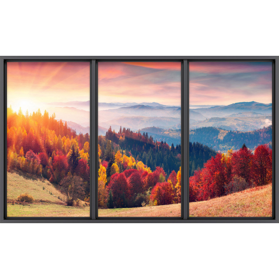 Papier peint panoramique Trompe l'œil baie vitrée - Forêt automne