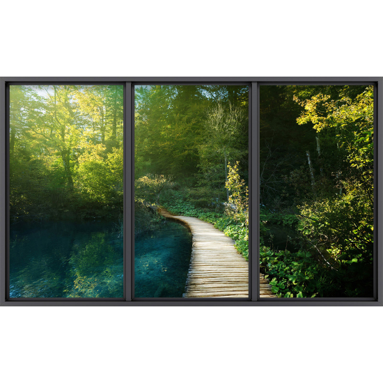 Papier peint panoramique Trompe l'œil baie vitrée - Ponton forêt