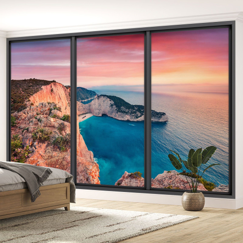 Papier peint panoramique Trompe l'œil baie vitrée - Vue mer